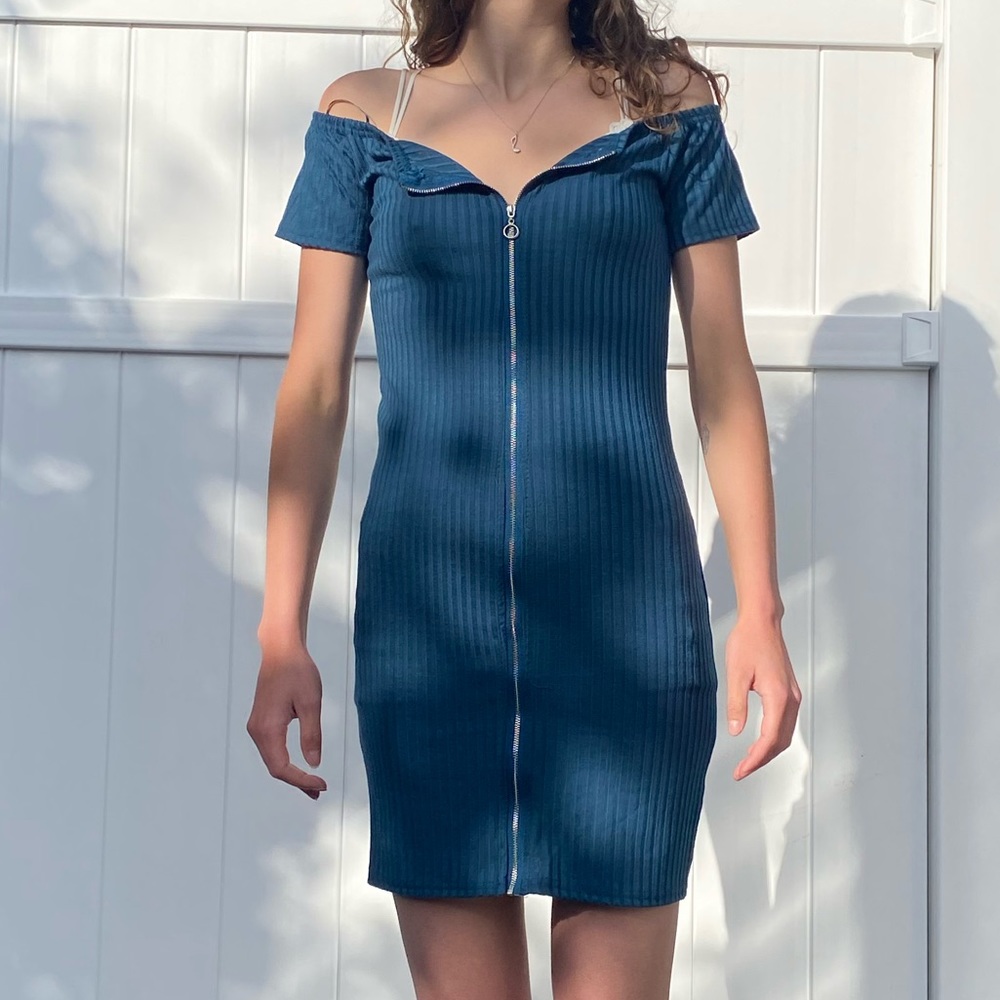 Say What? | Blue Mini Body-con Dress with Full Length Zipper